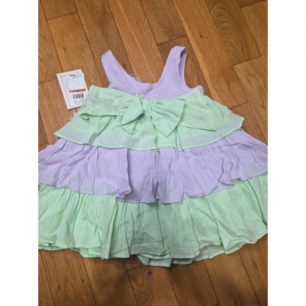 Marmellata Girls 3T Tiered Ruffle Cotton Gauze Dress Lilac Mint Green Bow NWT